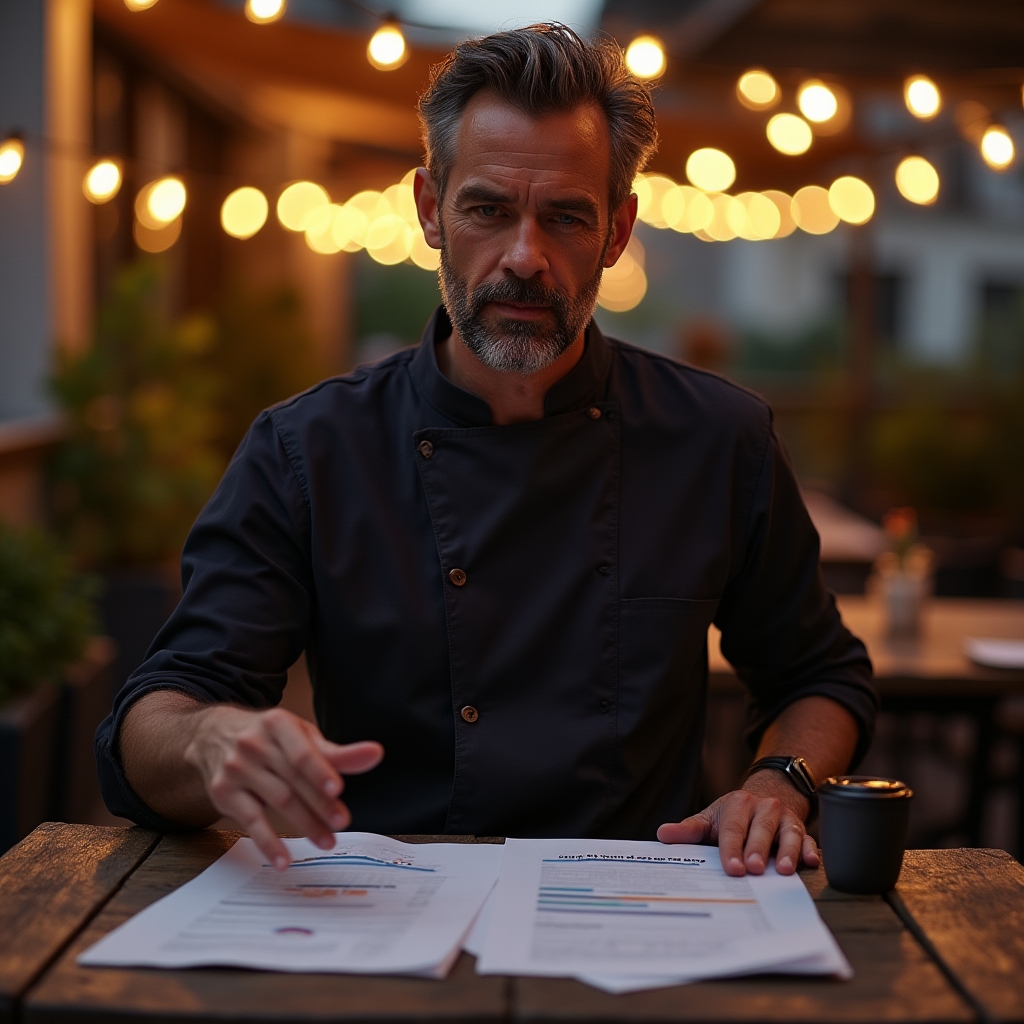 Proprietar de restaurant analizează un raport de vânzări pe terasă