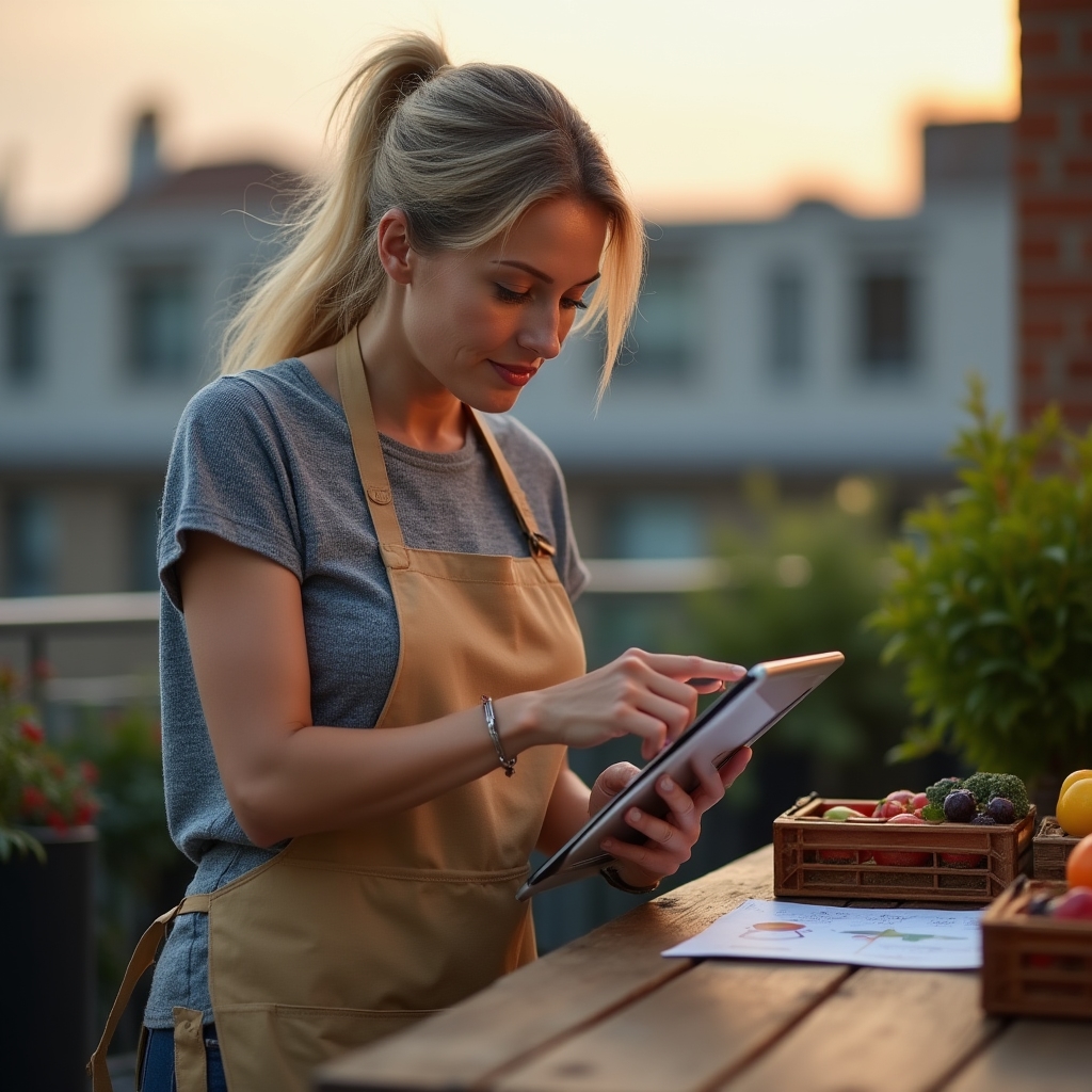 Proprietară de magazin alimentar analizează date de stoc pe o tabletă